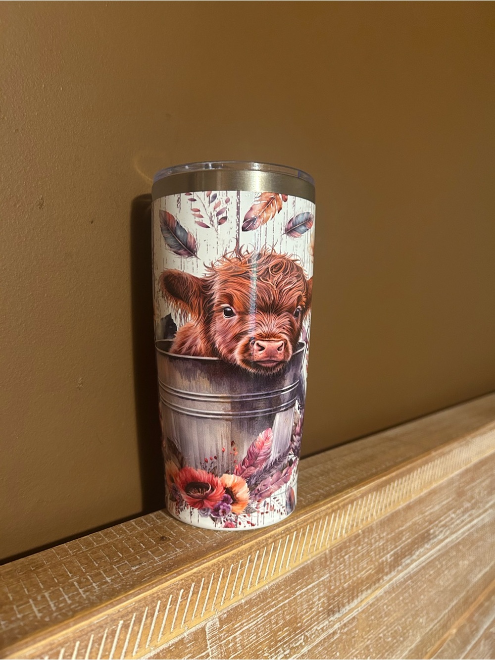 Insulated White Travel Tumbler with Brown Cow Illustration
